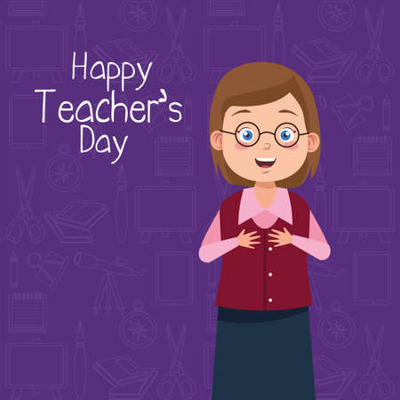 teacher woman wearing eyeglasses with teachers day lettering purple background vector illustration designのイラスト素材