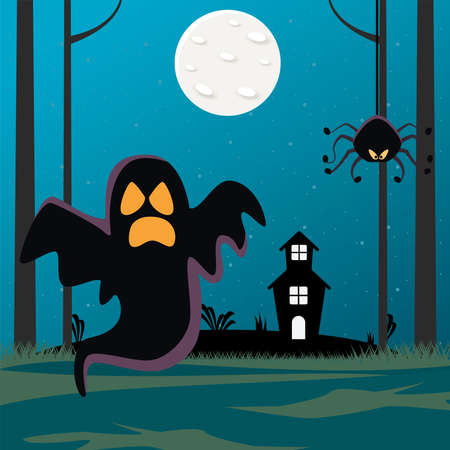 halloween spider hanging with ghost and haunted house vector illustration designのイラスト素材