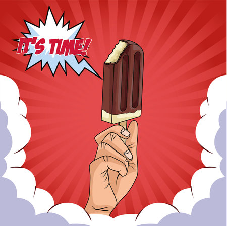 hand with delicious ice cream in stick pop art style vector illustration designのイラスト素材