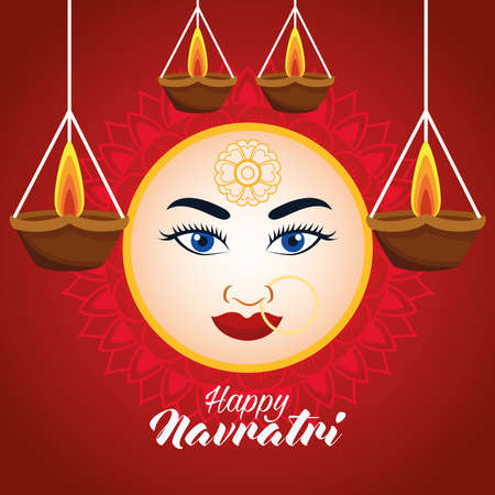 happy navratri celebration card with beautiful goddess face and candles hanging vector illustration designのイラスト素材