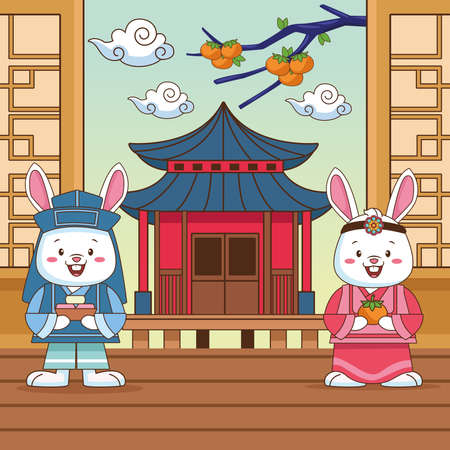happy chuseok celebration with chinese building vector illustration designのイラスト素材