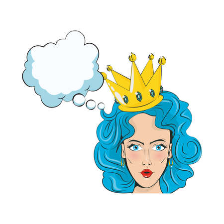 beautiful woman blue hair and crown with speech bubble pop art style vector illustration designのイラスト素材