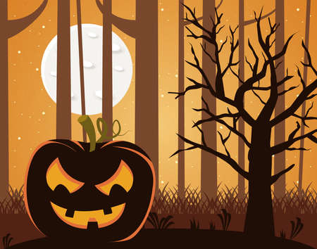 halloween pumpkin in the forest at night scene vector illustration designのイラスト素材