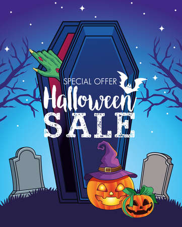 halloween sale seasonal poster with hand coming out of coffin in cemetery vector illustration designのイラスト素材