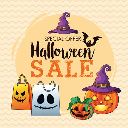 halloween sale seasonal poster with pumpkins wearing witch hat and shopping bags lettering vector illustration designのイラスト素材