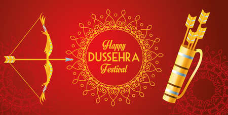 happy dussehra festival poster with arch and arrows bag in red background vector illustration designのイラスト素材