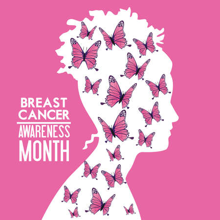 breast cancer awareness month campaign poster with butterflies in silhouette woman vector illustration designのイラスト素材