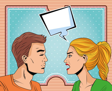 young couple speaking pop art style characters vector illustration design