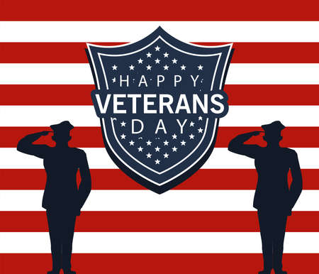 happy veterans day lettering in poster with officers military and shield vector illustration designのイラスト素材