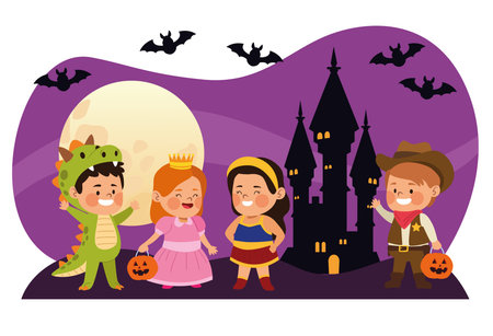 cute little kids dressed as a differents characters with bats in castle night scene vector illustrationのイラスト素材