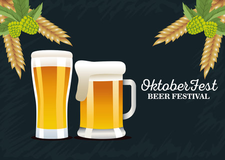 happy oktoberfest celebration with beers and barley wreaths vector illustration designのイラスト素材