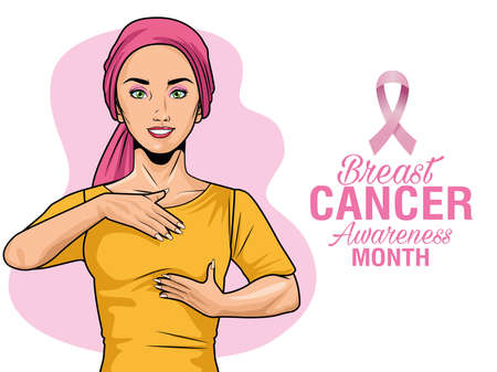 breast cancer awareness month lettering with woman self exam vector illustration designのイラスト素材