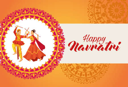 happy navratri celebration with dancers in mandala vector illustration designのイラスト素材