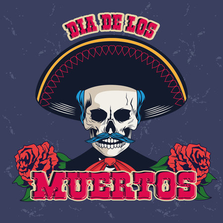 dia de los muertos poster with mariachi skull and roses flowers vector illustration designのイラスト素材