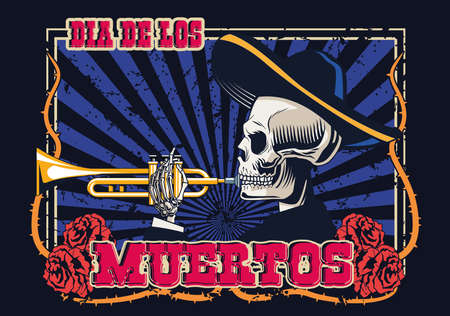 dia de los muertos poster with mariachi skull playing trumpet vector illustration designのイラスト素材