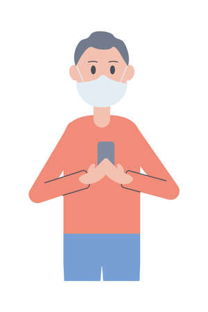 young man wearing face mask using smartphone vector illustration designのイラスト素材