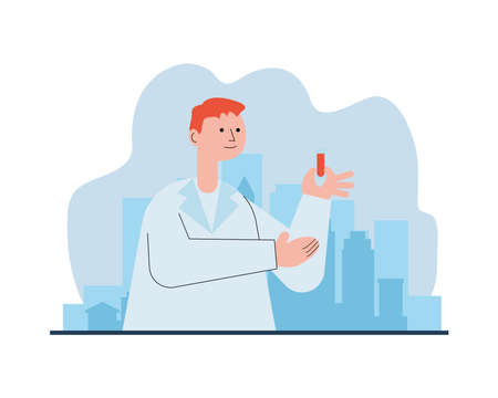 scientific doctor with tube test search vaccine character vector illustration designのイラスト素材