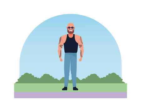 man bald with beard and tattoos perfectly imperfect character vector illustration designのイラスト素材