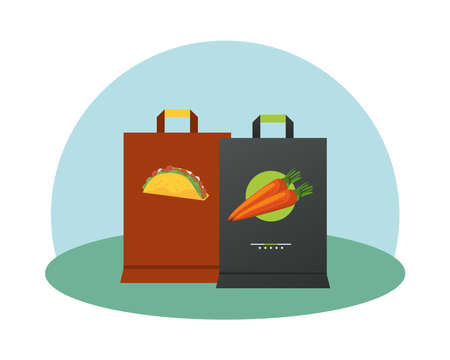 shopping bags mockup with taco and carrots food vector illustration designのイラスト素材