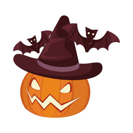halloween pumpkin wearing witch hat and bats flying vector illustration designのイラスト素材