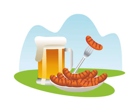 beer jar with sausages in dish vector illustration designのイラスト素材