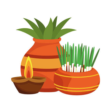 houseplants in ceramic pots and candle hindu decoration vector illustration designのイラスト素材