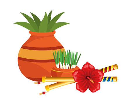 houseplant in ceramic pot and sticks dancer with flower vector illustration designのイラスト素材