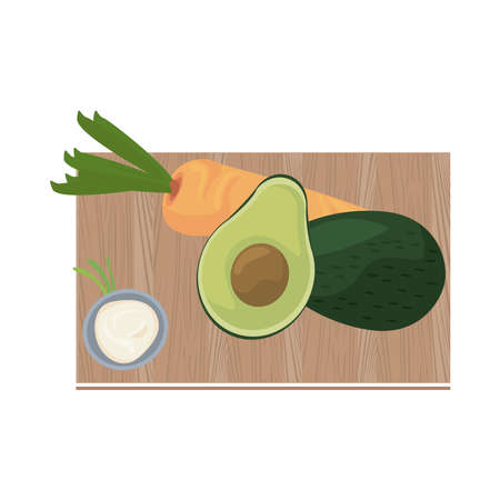 half avocado and carrot in wooden kitchen board vector illustration designのイラスト素材