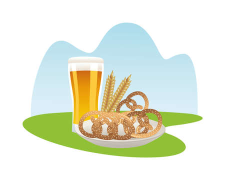 beer glass drink with pretzels and barley spikes vector illustration designのイラスト素材