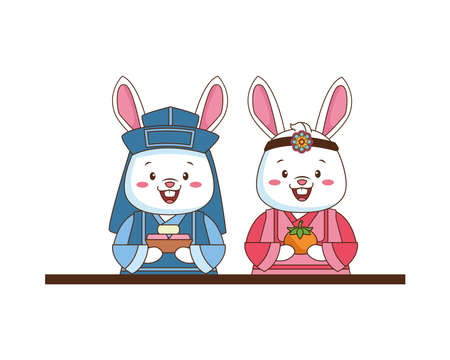 chinese rabbits couple with orange and present characters vector illustration designのイラスト素材