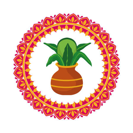 houseplant in ceramic pot hindu decoration with mandala frame vector illustration designのイラスト素材