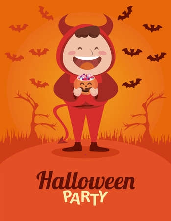 happy halloween party with little evil and bats flying vector illustration designのイラスト素材