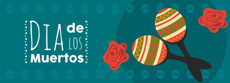 dia de los muertos poster with maracas and flowers vector illustration design
