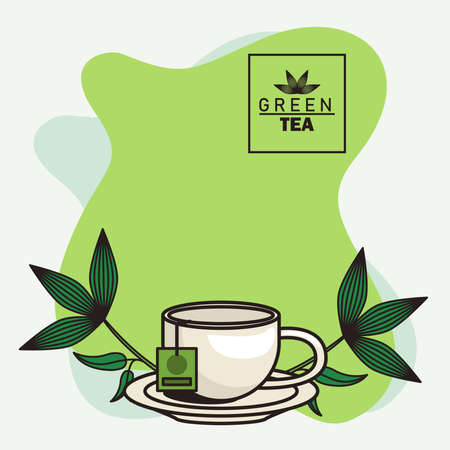 green tea lettering poster with teacup and leaves vector illustration designのイラスト素材