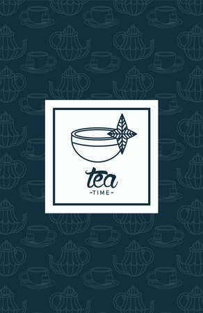 tea time lettering poster with teacup in square frame vector illustration designのイラスト素材