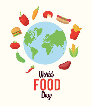 world food day lettering poster with food around of earth planet vector illustration designのイラスト素材