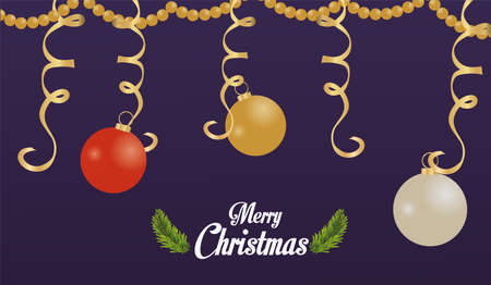 happy merry christmas card with balls and garlands hanging vector illustration designのイラスト素材