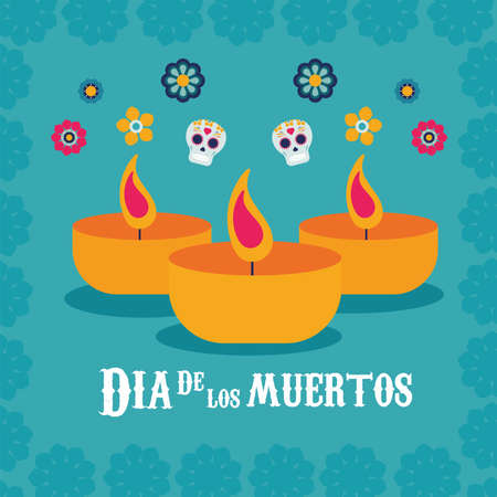 dia de los muertos poster with skulls and candles vector illustration designのイラスト素材
