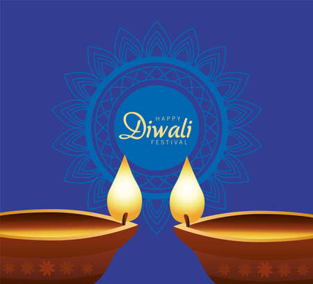 happy diwali celebration with two candles wooden in blue background vector illustration designのイラスト素材