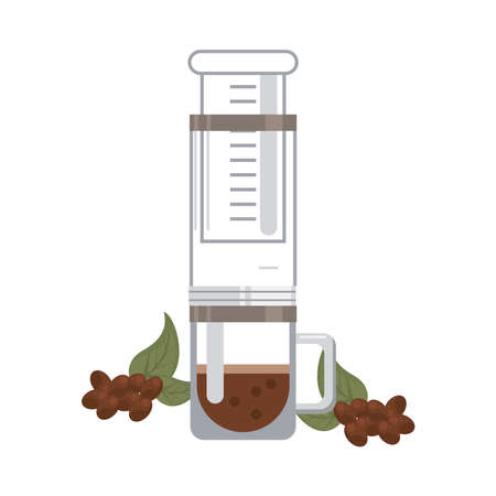 coffee plant grains and leafs with maker utensil vector illustration designのイラスト素材