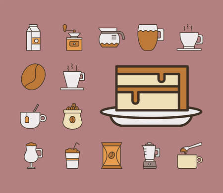 sweet cake with bundle of coffee set fill style icons vector illustration designのイラスト素材