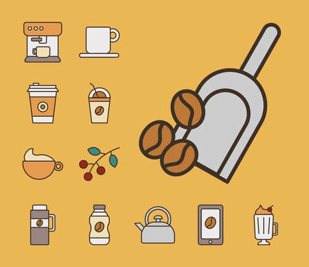 shovel with grains and bundle of coffee set fill style icons vector illustration designのイラスト素材