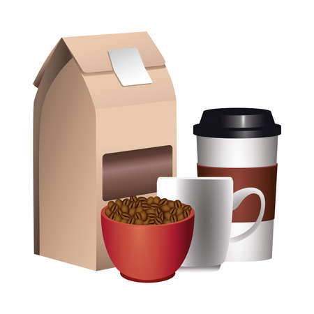 coffee product packing box with grains in cup and plastic container vector illustration designのイラスト素材