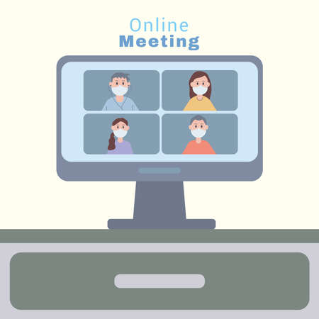 young people wearing face masks in desktop online meeting vector illustration designのイラスト素材