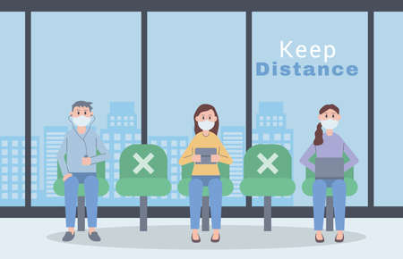young people wearing face masks keep distance vector illustration designのイラスト素材