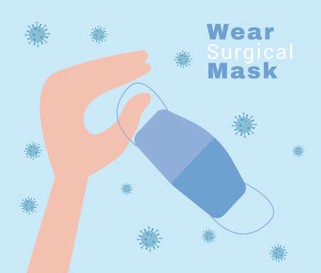 hand with medical mask and covid19 particles vector illustration designのイラスト素材