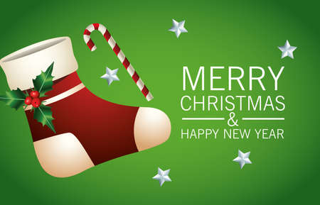 happy merry christmas lettering card with sock and cane vector illustration designのイラスト素材