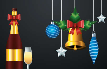 happy merry christmas card with champagne and balls hanging vector illustration designのイラスト素材