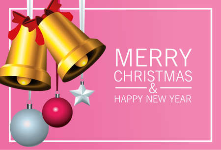 happy merry christmas lettering card with golden bells and balls in square frame vector illustration designのイラスト素材
