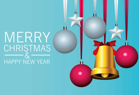 happy merry christmas lettering card with golden bell and balls vector illustration designのイラスト素材